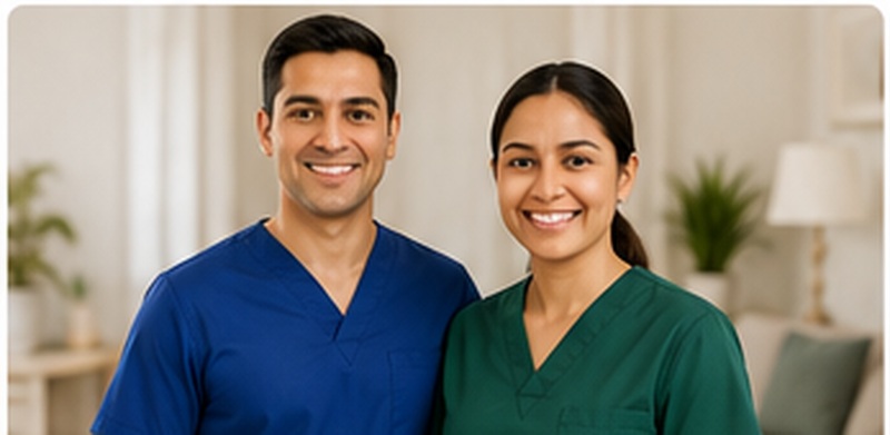 Professional home care team in blue and green uniforms