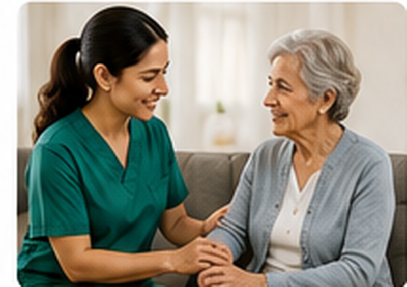 Caregiver in green uniform providing companionship to a senior