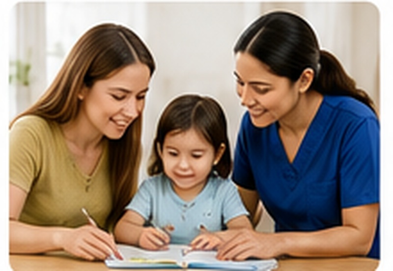 Caregiver in blue uniform supporting a child and family