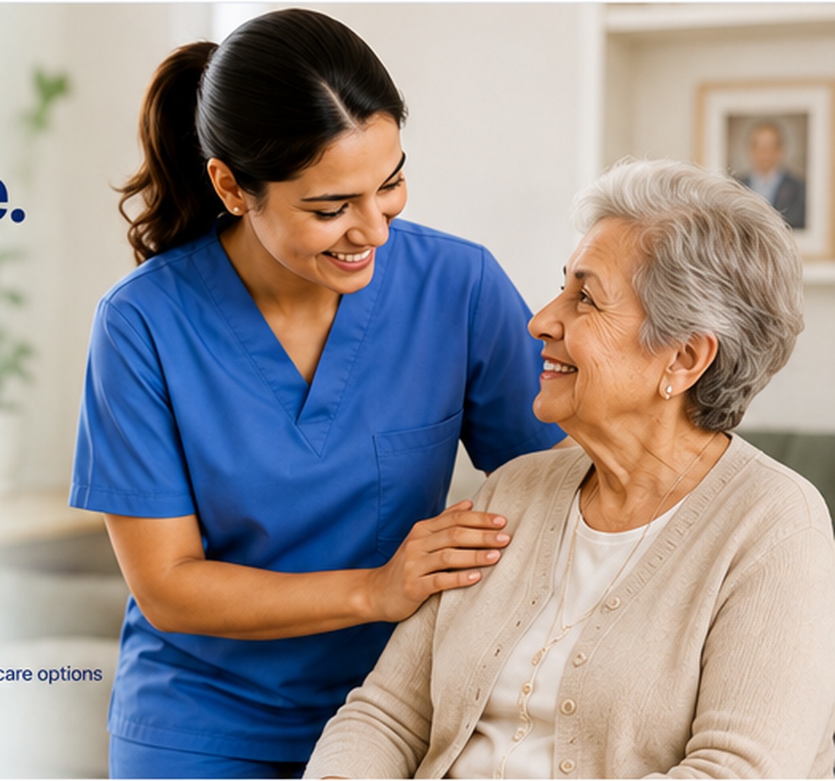 Professional caregiver in blue uniform supporting a senior at home