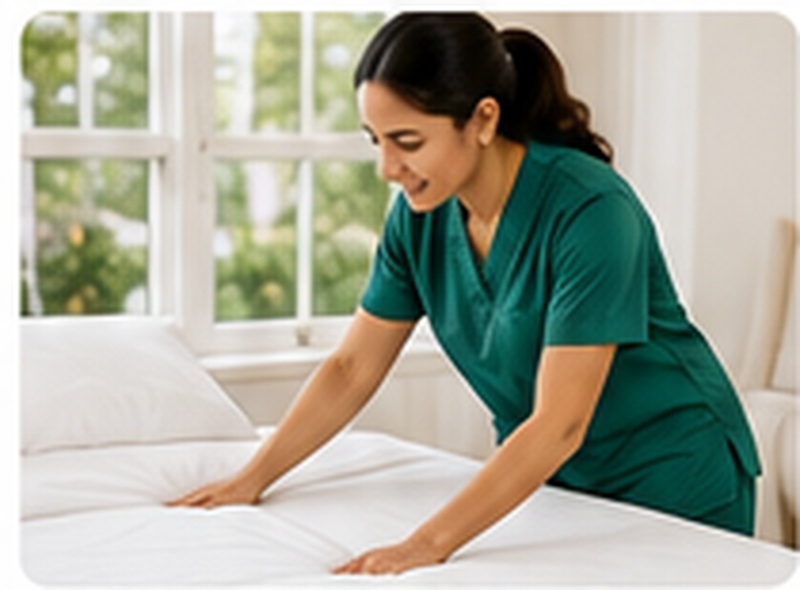 Caregiver in green uniform helping with light housekeeping