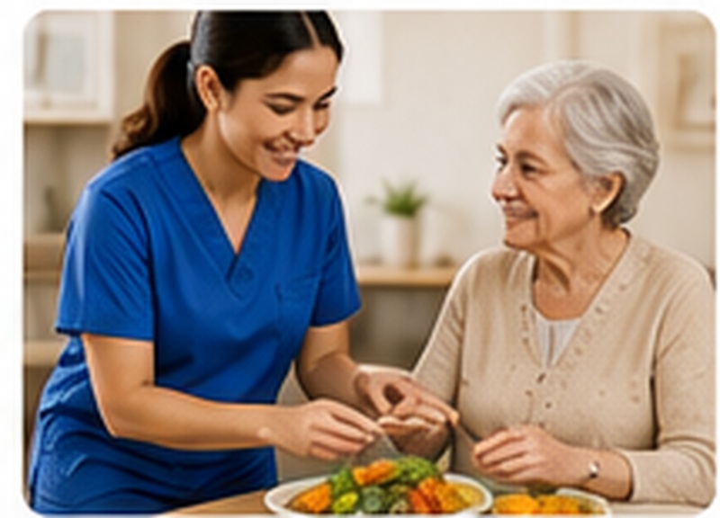 Caregiver in blue uniform helping with meal preparation