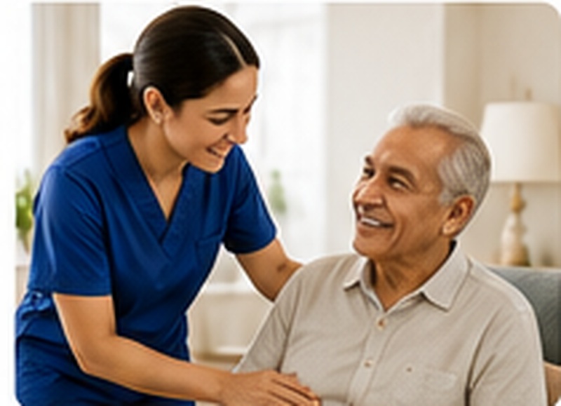Caregiver in blue uniform providing personal support at home